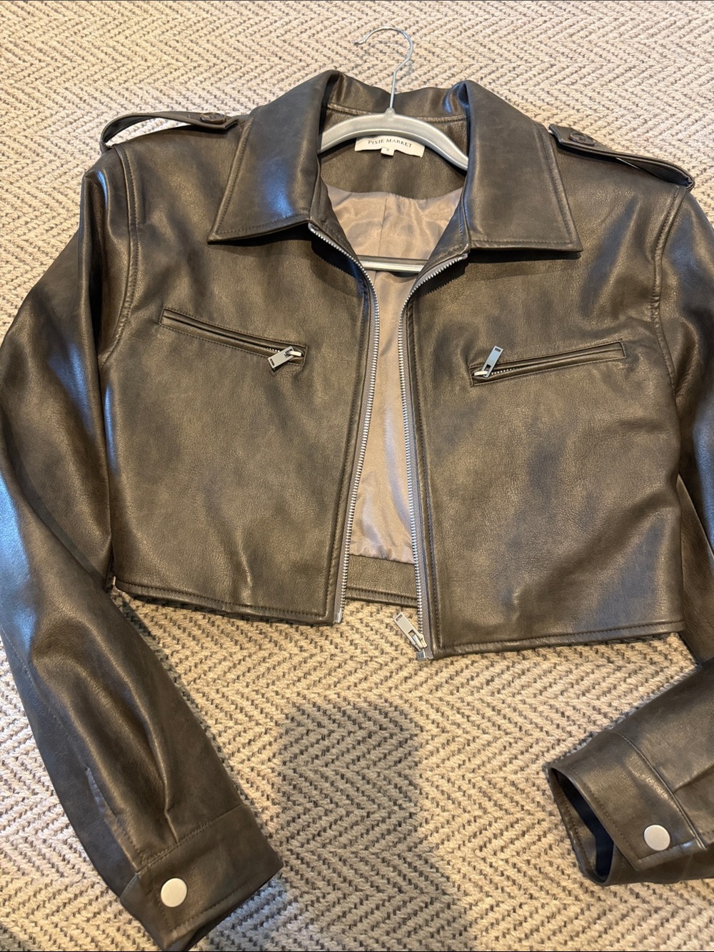 NWOT pixie market  Dark Brown Cropped faux  Leather Moto Jacket